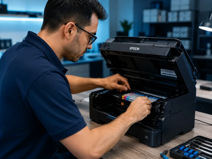 Técnico realizando uma verificação profissional em uma impressora Epson
