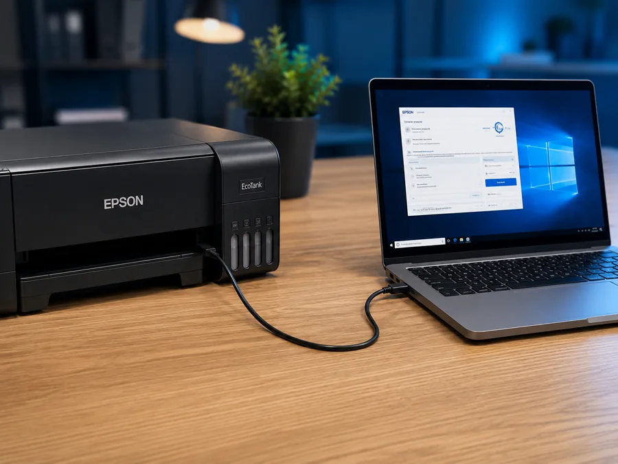 Impressora Epson ligada e conectada diretamente ao notebook por cabo USB
