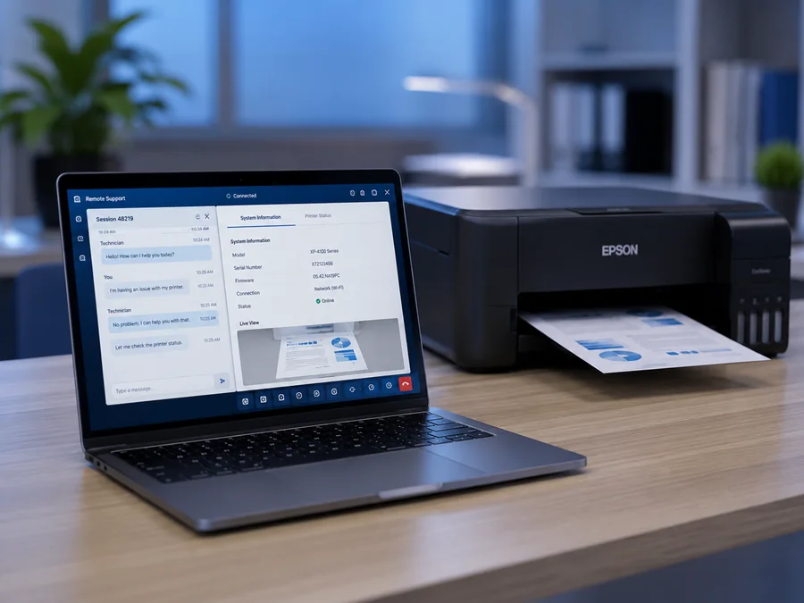 Notebook em sessão de suporte remoto ao lado de uma impressora Epson
