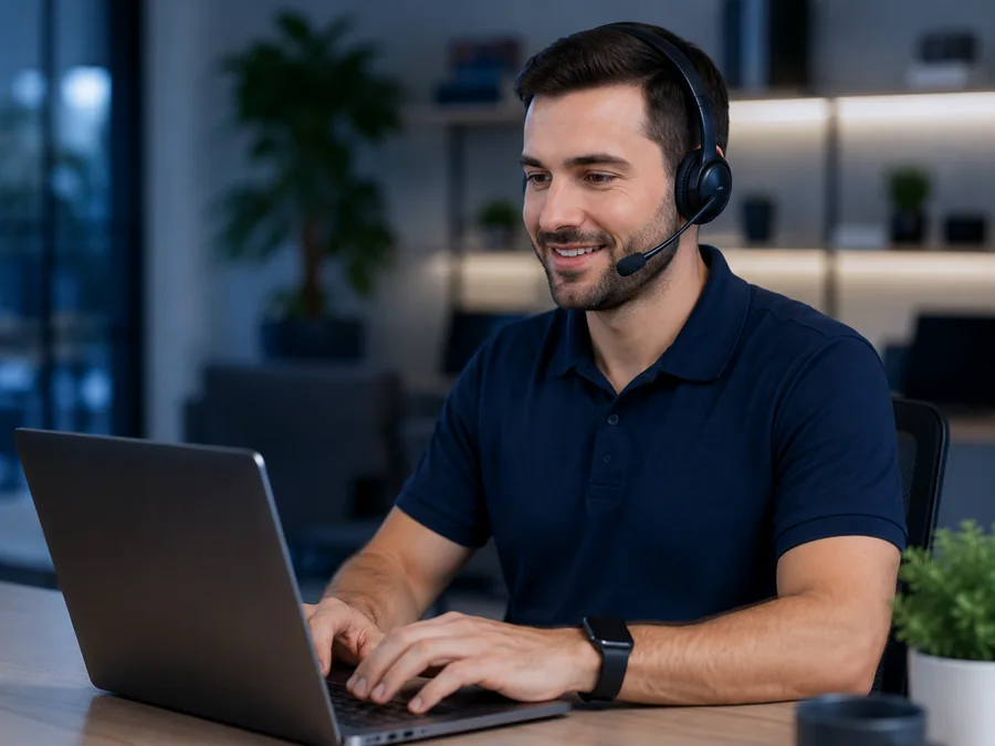 Profissional prestando suporte ao cliente por notebook e headset
